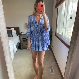AQUA- Blue paisley bell-sleeve romper